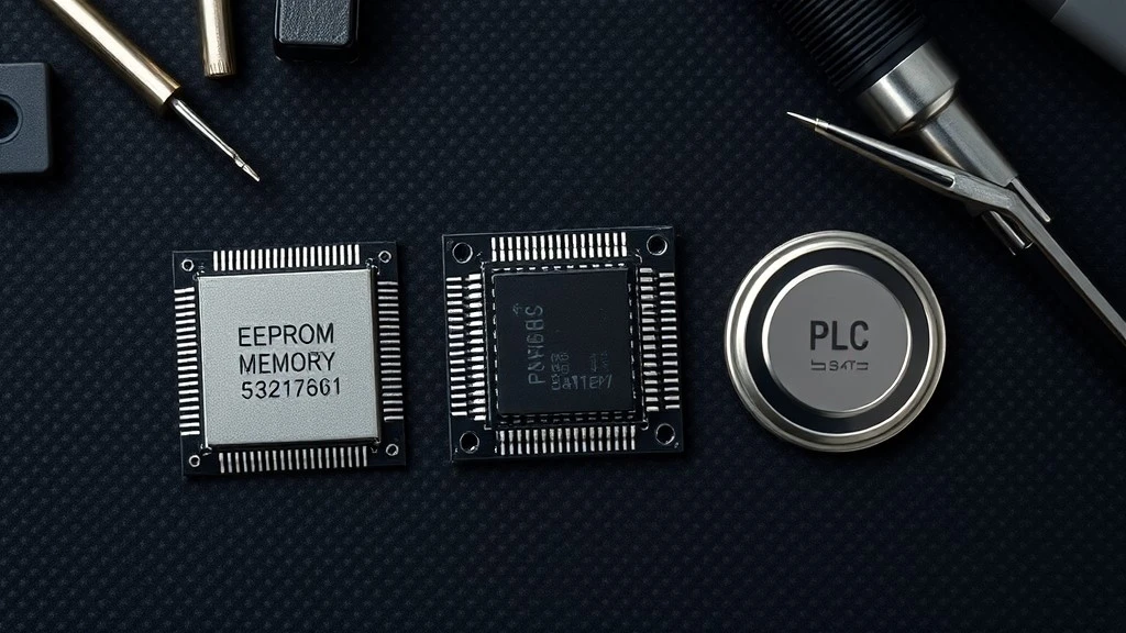 Three types of PLC memory hardware an EEPROM chip a flash module and a backup battery laid out together on a workbench Three types of PLC memory hardware an EEPROM chip a flash module and a backup battery laid out together on a workbench